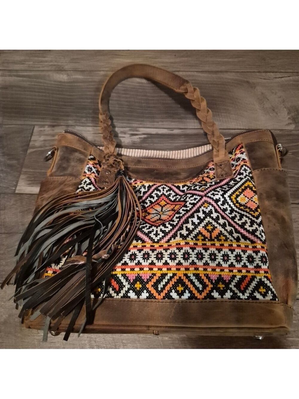 Distressed Leather Artisan Patterned Brown and Black Shoulder Bag